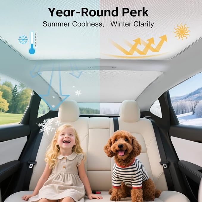 Tesla Model 3（2020-2025） Double-Layer Glass Sunshade Roof Red-Film Crystal Coatings,Easy Install with Clips, Foldable & Storage Bag UV Blocking Tesla Accessories Gray