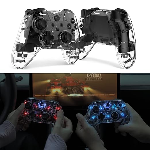 TPARTS Multi-Device Crystal Clear Wireless Game Controller for Tesla Model 3/Y/S/X, Compatible With Switch/STEAM Deck/PC/Tesla, 7-Colors LED Mode (Set of 2)