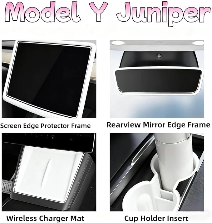 4 PCS Silicone Center Console Accessories Kit for Tesla Model Y Juniper 2025 2026, Including Center Console Mat, Cup Holder Insert, Screen Edge Protector Frame, and Mirror Frame Protectors (White)