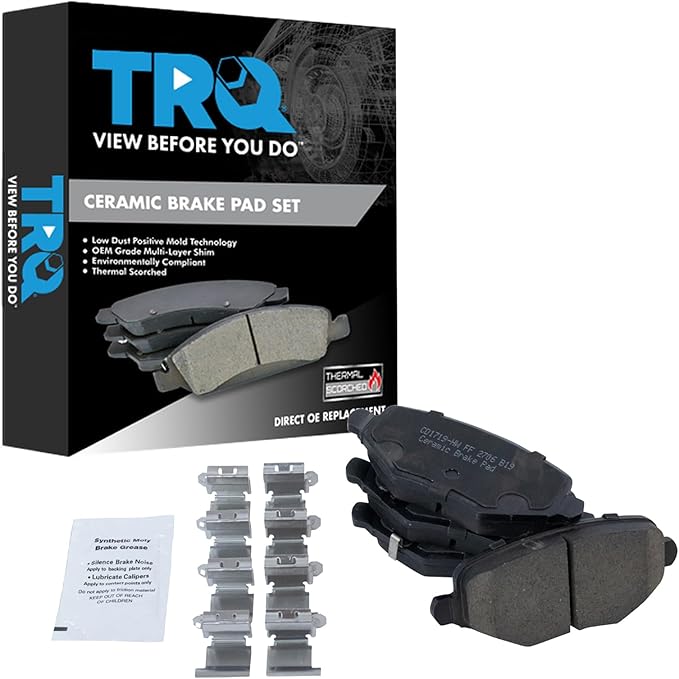 TRQ Rear Brake Pads Ceramic Hardware Wear Sensor Compatible with 2012-2016 Chrysler Town Country 2012-2016 Dodge Grand Caravan 2013 Journey 2012-2015 Ram C/V 2012-2014 Volkswagen Routan