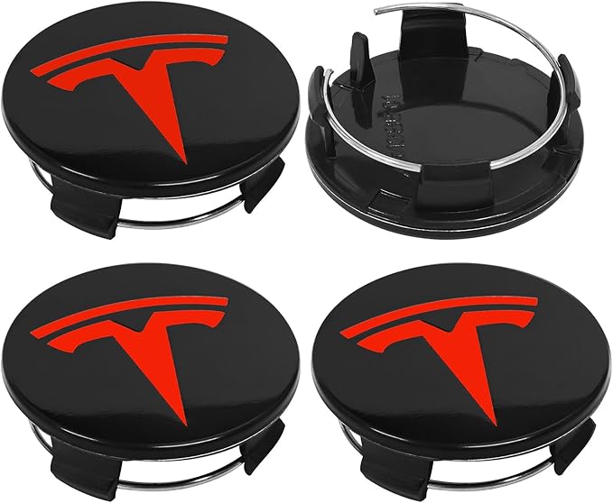 4 Pack Exterior Decoration Wheel Center Cover for Tesla Model 3 Model Y,56mm Hubcaps Wheel Rim Cover Tesla Center Caps Hubcaps+20 Black Lug Nut Covers (Glossy Black+Red Emblem)