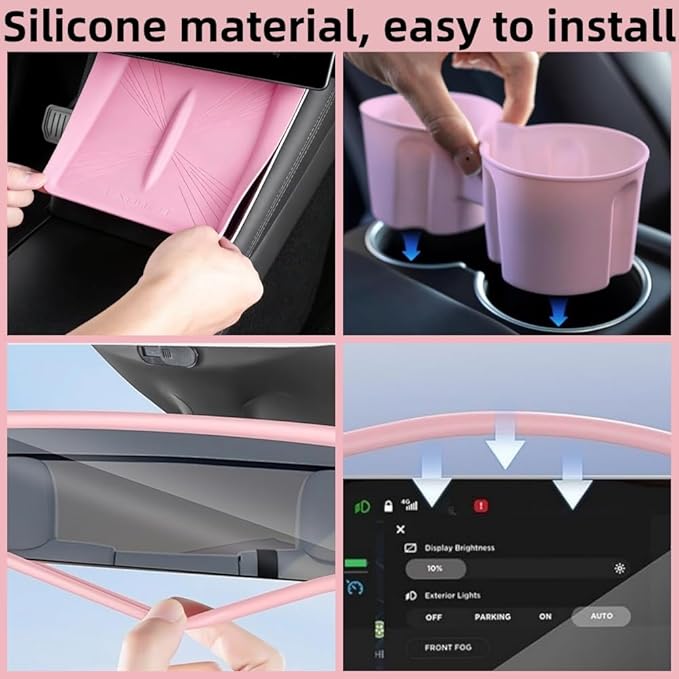 4 PCS Silicone Center Console Accessories Kit for Tesla Model Y Juniper 2025 2026, Including Center Console Mat, Cup Holder Insert, Screen Edge Protector Frame, and Mirror Frame Protectors (Pink)
