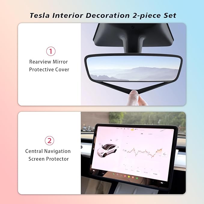 for 2024 2025 Model 3 Highland/2025 Model Y Juniper Central Screen and Interior Mirror Protector Frame Interior Accessories (Black-M3/Y-2pcs)