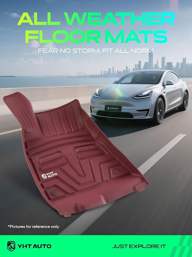 YHTAUTO Floor Mats & Cargo Mat Compatible with Tesla Model 3 2021-2023, All Weather TPE Front Rear Cargo Liner, Rear Storage Mats, Model 3 Accessories, Set of 6 Red