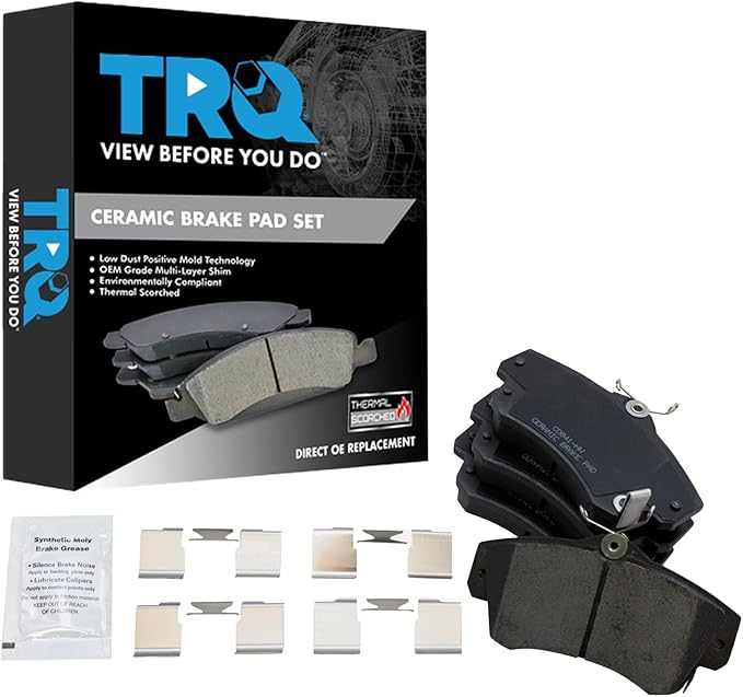 TRQ Front Brake Pads Ceramic Hardware Wear Sensor Compatible with 2001-2010 Chrysler PT Cruiser 2003-2005 Dodge Neon