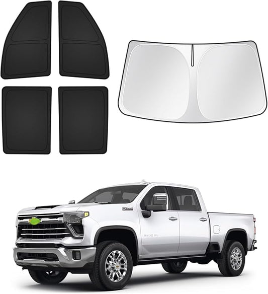 Sunshades for Chevrolet/Chevy Silverado 2500 3500 Crew Cab 2020-2026 Accessories Windshield Sun Shade Side Rear Window Shade Cover Sun Visor Shield Privacy Protection Keep Car Cool Black 5PCS