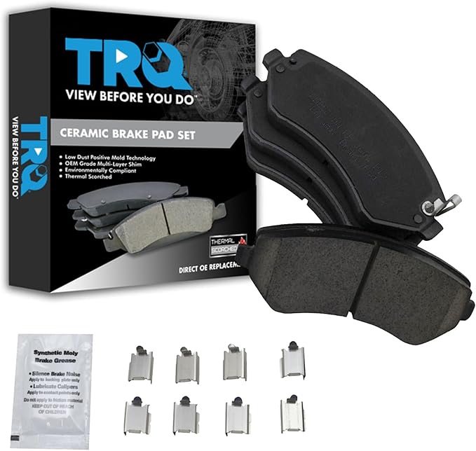 TRQ Front Brake Pads Ceramic Hardware Wear Sensor Compatible with 2001-2006 Chrysler Town Country 2001-2003 Voyager 2001-2007 Dodge Caravan 2001-2007 Grand Caravan 2002-2007 Jeep Liberty