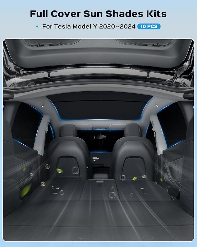 10pcs Windshield & Roof Sunshade for Tesla Model Y(2020-2024)-Front Side Rear Window & Roof Full Set Thermal Insulated Sunshades Sun Visor for Model Y Accessories