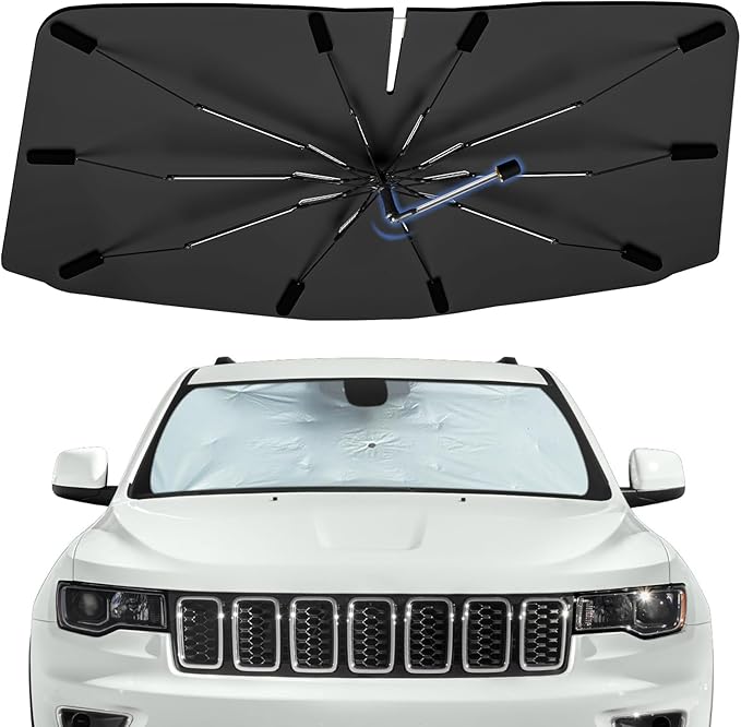 Windshield Sun Shade Umbrella for Jeep Grand Cherokee 2011-2026, 360 Rotation Car Sunshade, Highly Reflective Front Window Sun Shield Visor for UV Protection, Keep Car Cool Accessories