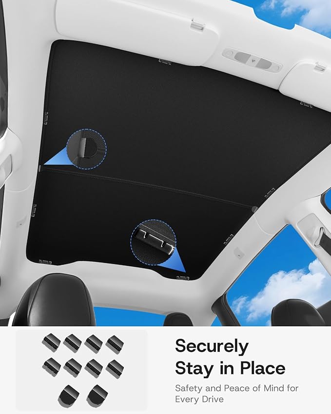 Upgraded Sunshade Roof for Tesla Model Y Juniper Accessories 2025 2026, [Graphene Infused Fabric& UPF 50+ & No-Sag] Heat Insulation Class Roof Sun Shade for Tesla Model Y Accessory, Black, 2PCS