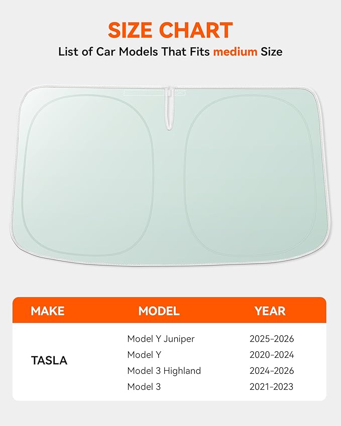 WOLFBOX Double-Layer Car Windshield Sun Shade Tesla Model Y/Model 3-Foldable Vinyl Coated Front Window Sunshade, UV Blackout&Heat Visor Protector Model Y Juniper/Model 3 Highland(56.30''L*37''W)