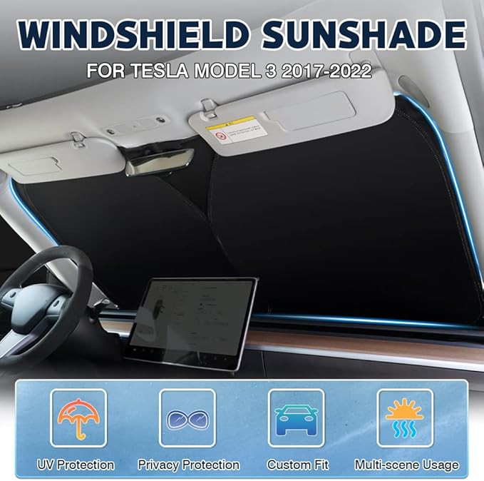 Karltys Front Windshield Sun Shade for 2017-2026 Tesla Model 3, Foldable Window Sunshade Custom Fit Model 3 Highland, 240T Reflective Sun Shade Visor Protector Blocks UV Rays Keep Car Cool