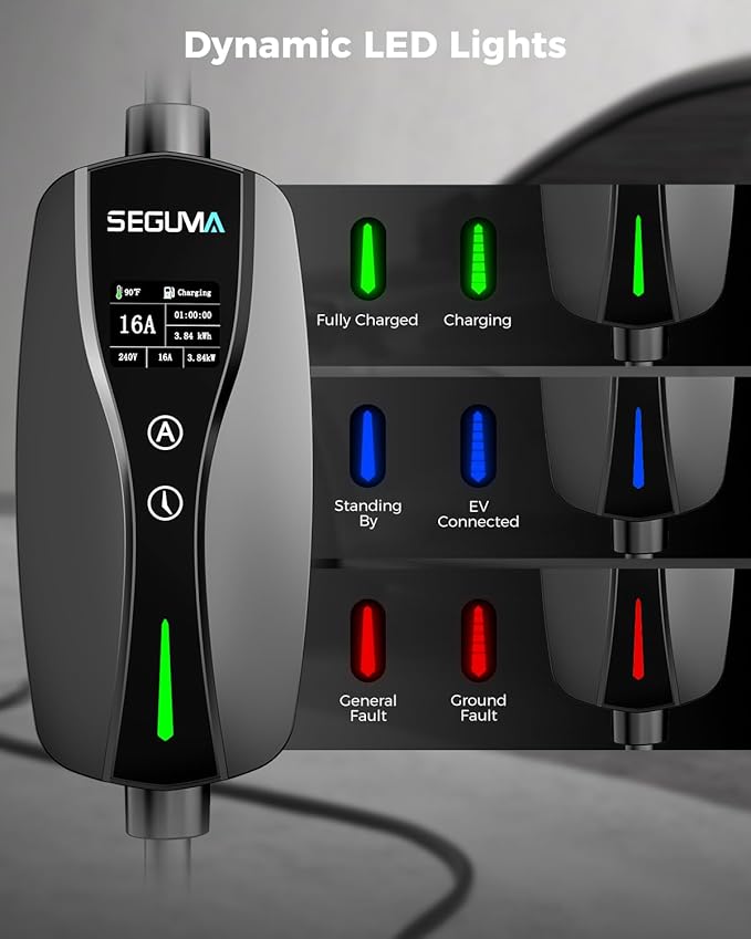 SEGUMA Level 1 & 2 Tesla Portable Charger, Adjustable 6A-16A, 120V-240V Dual Voltage EV Charger with NEMA 5-15 Plug & 6-20 Adapter, 25ft Extension Cable, NACS Charger with Native SAE J3400 (NACS) Port