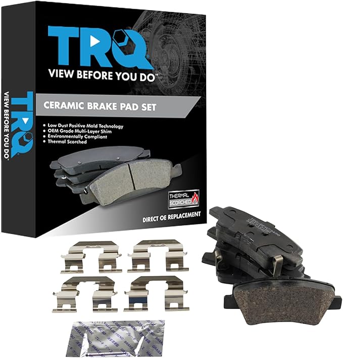 TRQ Rear Brake Pads Ceramic Hardware Wear Sensor Compatible with 2016-2024 Hyundai Elantra GT 2016-2024 Kona Electric 2016-2023 Sonata 2016-2023 Veloster 2016-2024 Kia Forte Optima Soul Soul EV