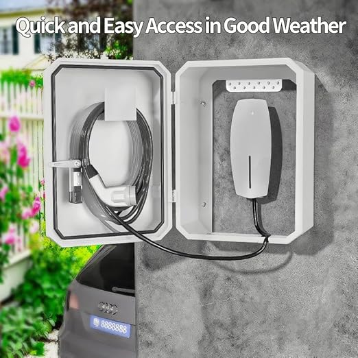 Wall-Mounted 1.2mm Cold Rolled Steel Electric Vehicle Charging Protection Box for Tesla, Waterproof Indoor/Outdoor Enclosure with Lock | Seamless One-Piece Design (White)