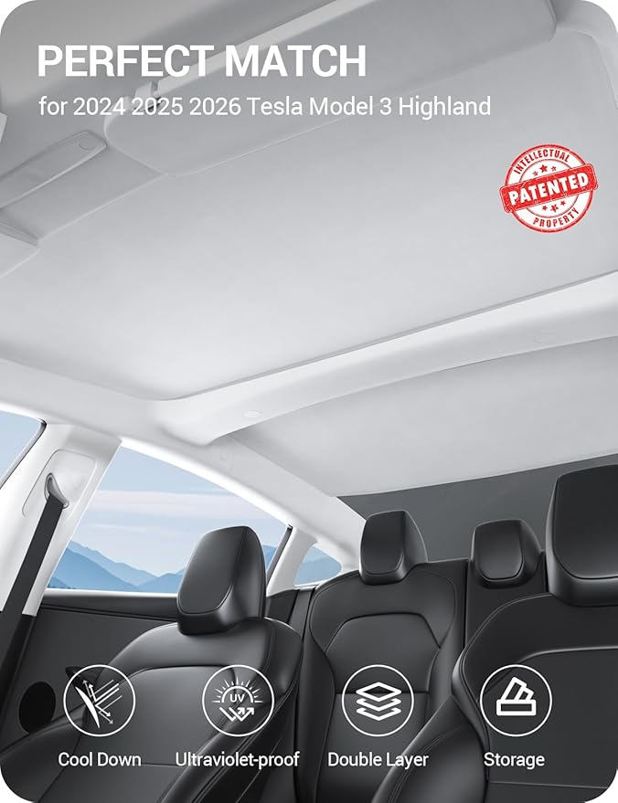 BASENOR 2026-2024 Tesla Model 3 Sunshade Roof, [Nano Ice-Crystal Coatings] Heat Insulation Glass Roof Shade, Top Window Retractable Sun Protection, Sunroof Blocking Cover for Model 3 Highland Grey