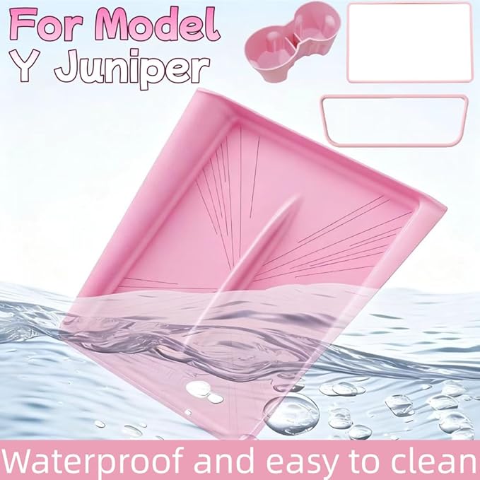 4 PCS Silicone Center Console Accessories Kit for Tesla Model Y Juniper 2025 2026, Including Center Console Mat, Cup Holder Insert, Screen Edge Protector Frame, and Mirror Frame Protectors (Pink)