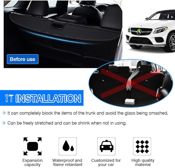 Powerty Only Fit for Cargo Cover Benz GLE 2016 2017 2018 2019/ Benz ML Series ML350 2012 2013 2014 2015 Rear Trunk Shade Retractable Trunk Shield Luggage Tonneau Security Cover Black