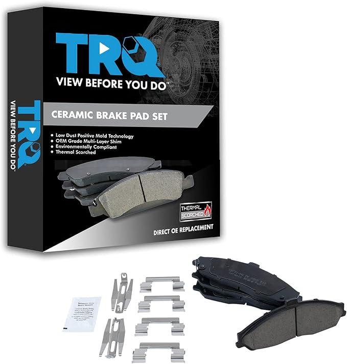 TRQ Front Brake Pads Ceramic Hardware Wear Sensor Compatible with 2004-2009 Cadillac XLR 1997-2013 Chevrolet Corvette