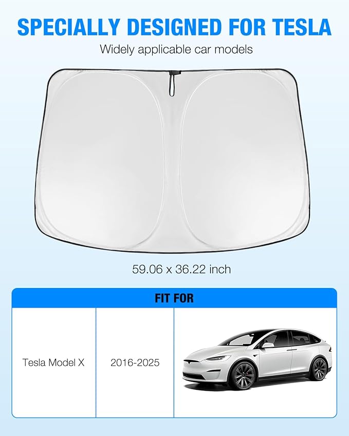 Neverland Windshield Sun Shade Custom Fit - for Tesla Model X 2016-2025, Sag-Proof 210D Oxford Foldable Visor Cover, UV Ray Block Heat Shield