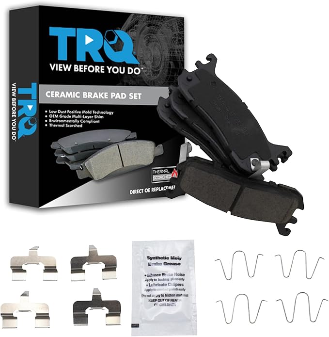 TRQ Rear Brake Pads Ceramic Hardware Wear Sensor Compatible with 1997-2003 Ford Escort 1994-2005 Mazda Miata 1995-1998 Protege 1997-1999 Mercury Tracer