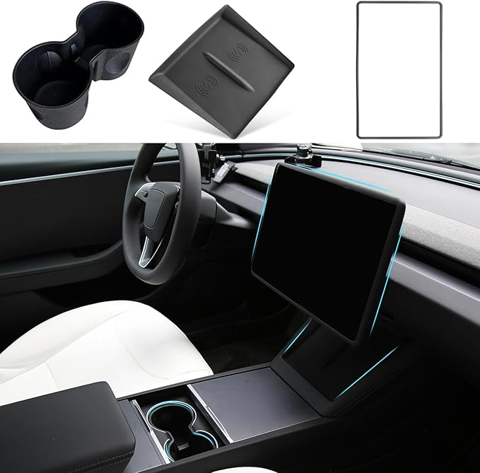 3PCS Center Console Accessories for Tesla New Model Y Juniper 2026 2025 Model 3 Highland 2024 Cup Holder Insert, Screen Edge Protector Frame, Wireless Charger Mat Silicone, Black