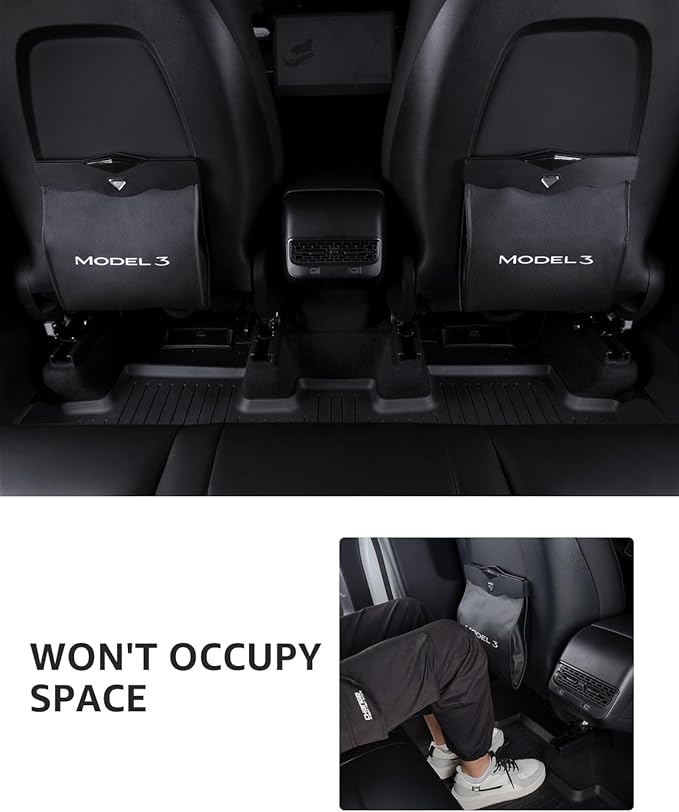 Motrobe Tesla Model 3 Trash Can 2017-2023 Garbage Bag [Magnetic+LED 2-in-1] Waterproof Backseat Hanging Garbage Bin with 2.5 Gallons Faux Leather Model 3 Interior Accessories