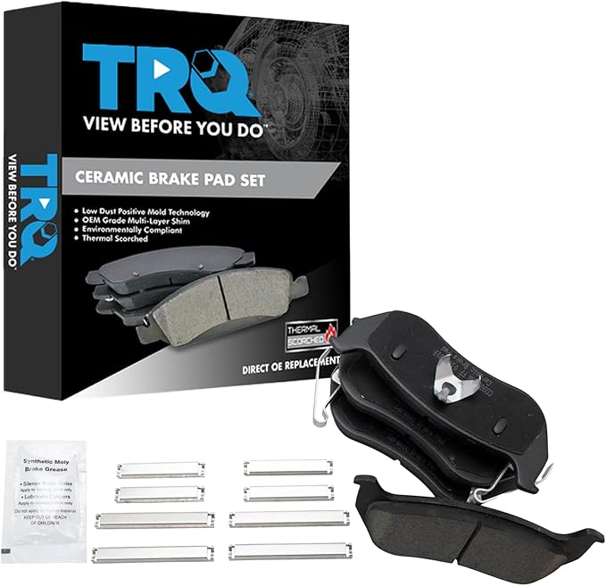 TRQ Rear Brake Pads Ceramic Hardware Wear Sensor Compatible with 2006-2010 Ford Explorer 2007-2010 Explorer Sport Trac 2003-2007 Jeep Liberty 2003-2006 Wrangler 2006-2010 Mercury Mountaineer