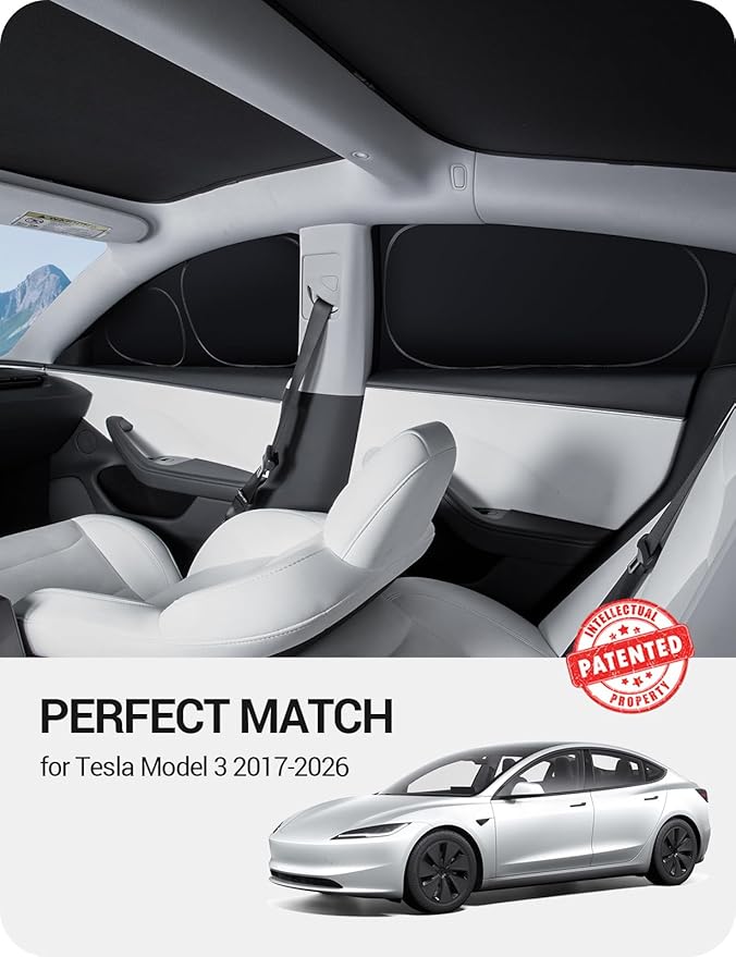 BASENOR 2026-2017 Tesla Model 3 Side Window Sunshade for Kids & Camping & Privacy Rest, (Proprietary Design) Rear Window Sun Shade Reflective Window Cover 100% UV Rays for Model 3