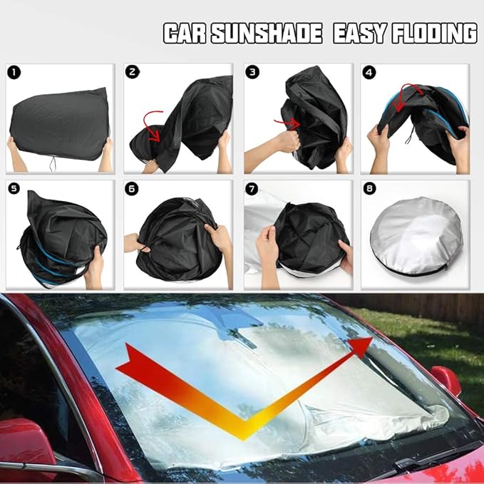ROCCS Windshield Sun Shade Compatible with Tesla Model 3/Model Y 2016-2026 - 210T Double Layer Blocking Fabric Foldable Heat Shield Sun Visor - Folding Sunshade with Elastic Rope and Storage Bag