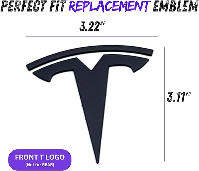 Metal Raised T Logo Frunk Front Emblem Decal Matte Black with 3M Adhesive for Tesla Model 3 Model Y Highland Juniper (T Logo - Front)