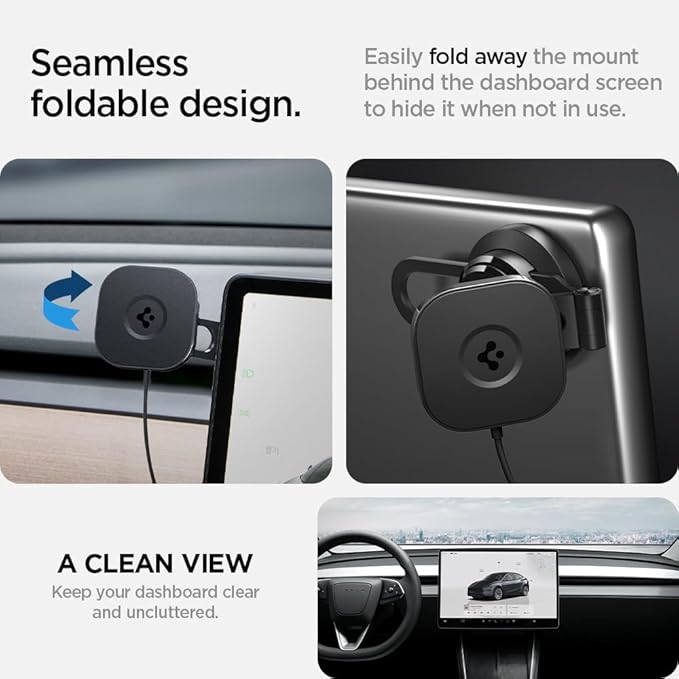 Spigen OneTap Pro 3 Tesla Phone Mount (Foladable and Hidden) for All Tesla Model Y/3/S/X/Cybertruck with Charging - MagSafe/Pixelsnap - Compatible with Updated 16in Screen for Tesla