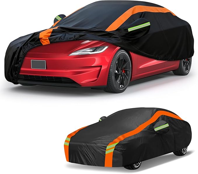 Car Cover for Tesla Model 3 2017-2026, Multi-Layer Automobiles Covers Waterproof All Weather with Zipper Door, Sun Rain Snow Dust Protection