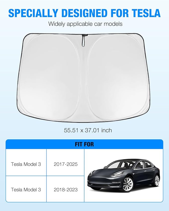 NEVERLAND Windshield Sun Shade - Custom Fit for Tesla Model 3 2017-2023, 210D Oxford Heat Shield Front Window Sunshade Visor, Block 99% UV for Screen Protection & Battery Saver Accessories