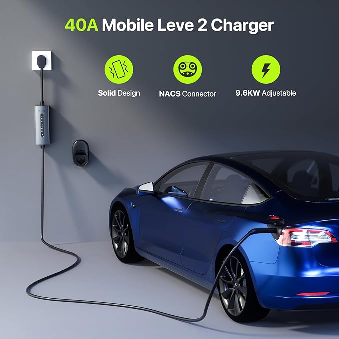 Tesla Charger 40A Level 2 EV Charger NACS 240V with 14-50 Plug 25 FT Cable 9.6KW Portable Tesla Charging Equipment 15-40 Amps Adjustable Current Mobile Electric Car Chargers for Model 3/S/Y