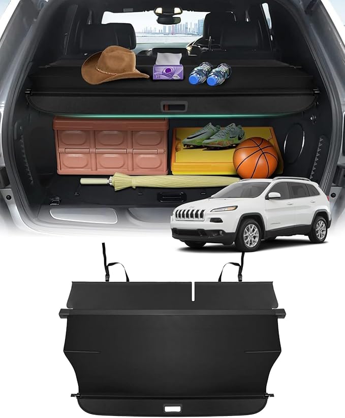 Powerty Cargo Cover for 2014 2015 2016 2017 2018 Jeep Cherokee Accessories Trunk Cover Retractable Trunk Shielding Shade Cargo Luggage Cover No Gap (Not for Grand Cherokee or Latitude)