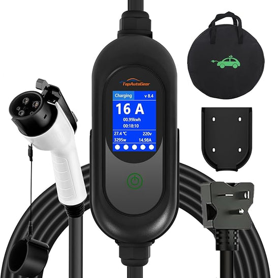 Portable EV Charger 16A Level 1&2, 110V-240V Electric Vehicle Charger with LCD Display, 17FT Cable SAE J1772 Charger for Home & Outdoor, IP54 Waterproof, 5 Year Warranty