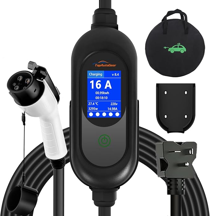 Portable Level 1 & Level 2 EV Charger, 40FT Cable, 16A Adjustable EVSE with LCD Display, NEMA 6-20 to 5-15 Plug, ETL & FCC Certified, SAE J1772 for Home & Emergency Charging