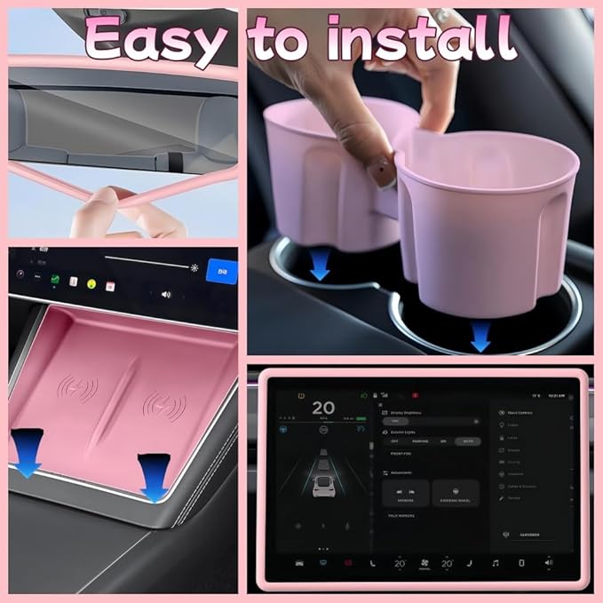 4 PCS Silicone Center Console Accessories Kit for Tesla, Including Center Console Mat, Cup Holder Insert, Screen Edge Protector Frame, and Mirror Frame Protectors (Pink Model 3 Highland)