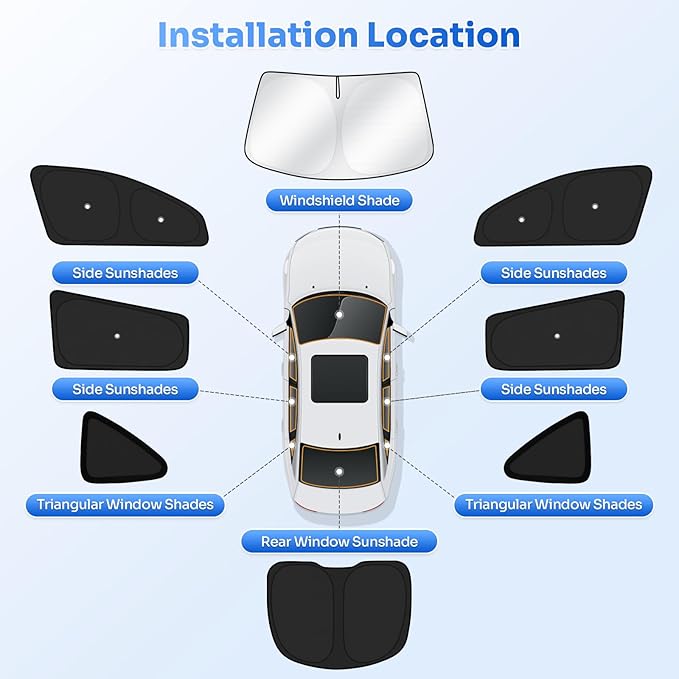 Upgraded Window Shades for 2020-2024 Tesla Model Y Accessories with Suction Cups Windshield Sun Shade Side Rear Window Covers Sunshade Sun Shield Privacy Protection for Camping Black 8PCS