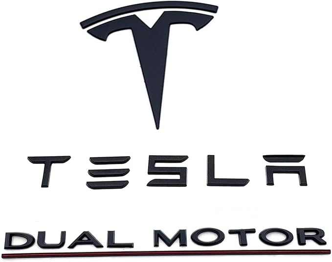Metal Raised T Logo Tesla Letters Dual Motor Emblem Decal Sticker Matte Black Front Trunk Tailgate with 3M Adhesive for Tesla Model 3 Model Y Highland Juniper (Tesla Letters & T Logo & Dual Motor)