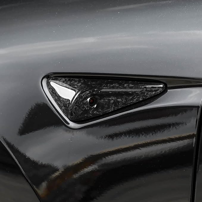 NVCNX for 2025 2026 Tesla Model 3/Y Highland Juniper Accessories Hard Rigid Real Carbon Fiber Side Camera Protection Cover Car Exterior Trim 2PCs, Fit for HW4.0, Glossy, Forged Carbon Fiber, not ABS