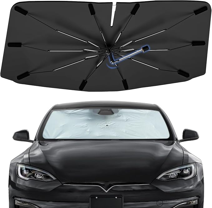 Windshield Sun Shade Umbrella fit for Tesla Model S 2012-2026, Foldable Sunshade for Car Front Window, 360 Rotation Automotive Interior UV Protection for Outdoor Parking, Keep Car Cool