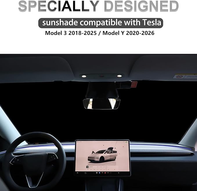 Car Windshield Sun Shade for Tesla Model 3 2018-2025 & Model Y 2020-2026,Upgraded Reflective Aluminum Film Front Window Sunshade Accessorie for Tesla with Storage Bag