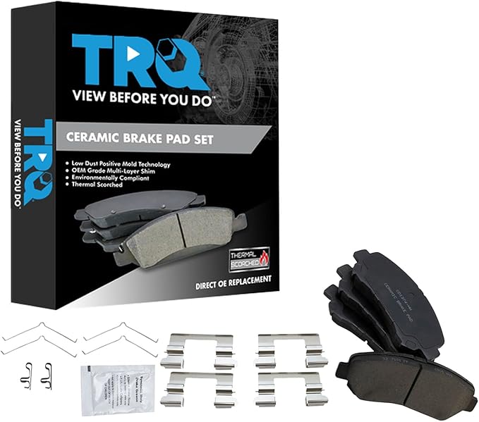 TRQ Front Brake Pads Ceramic Hardware Wear Sensor Compatible with 2014-2017 Nissan Juke 2009-2020 Maxima 2007-2012 Sentra 2008-2013 Rogue 2014-2015 Rogue Select 2010-2013 Suzuki Kizashi