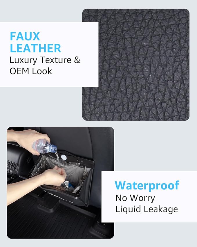 Motrobe Tesla Model 3 Trash Can 2017-2023 Garbage Bag [Magnetic+LED 2-in-1] Waterproof Backseat Hanging Garbage Bin with 2.5 Gallons Faux Leather Model 3 Interior Accessories