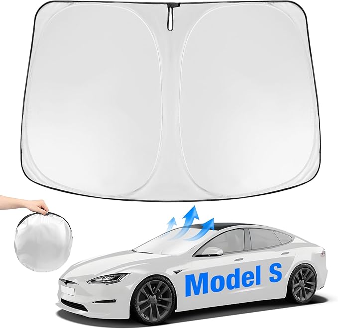 Neverland Windshield Sun Shade Visor - Custom Fit for Tesla Model S 2012-2025, Sag-Free 210D Oxford Heat Shield, Foldable & Block UV