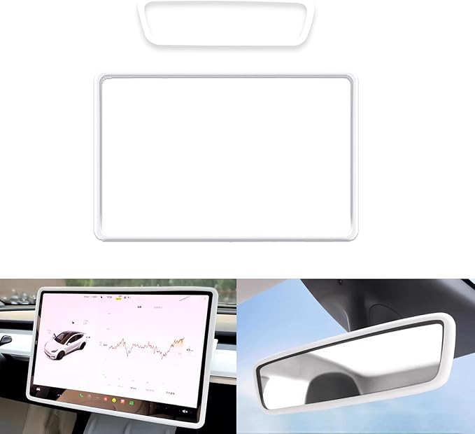for 2024 2025 Model 3 Highland/2025 Model Y Juniper Central Screen and Interior Mirror Protector Frame Interior Accessories (White-M3 MY-2pcs)