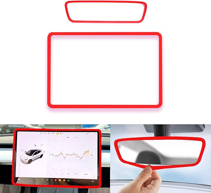 for 2017-2023 Tesla Model 3/2021-2024 Model Y Central Screen and Interior Mirror Protector Frame Interior Accessories (Red-M3/Y-2pcs)