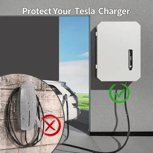 Wall-Mounted 1.2mm Cold Rolled Steel Electric Vehicle Charging Protection Box for Tesla, Waterproof Indoor/Outdoor Enclosure with Lock | Seamless One-Piece Design (White)